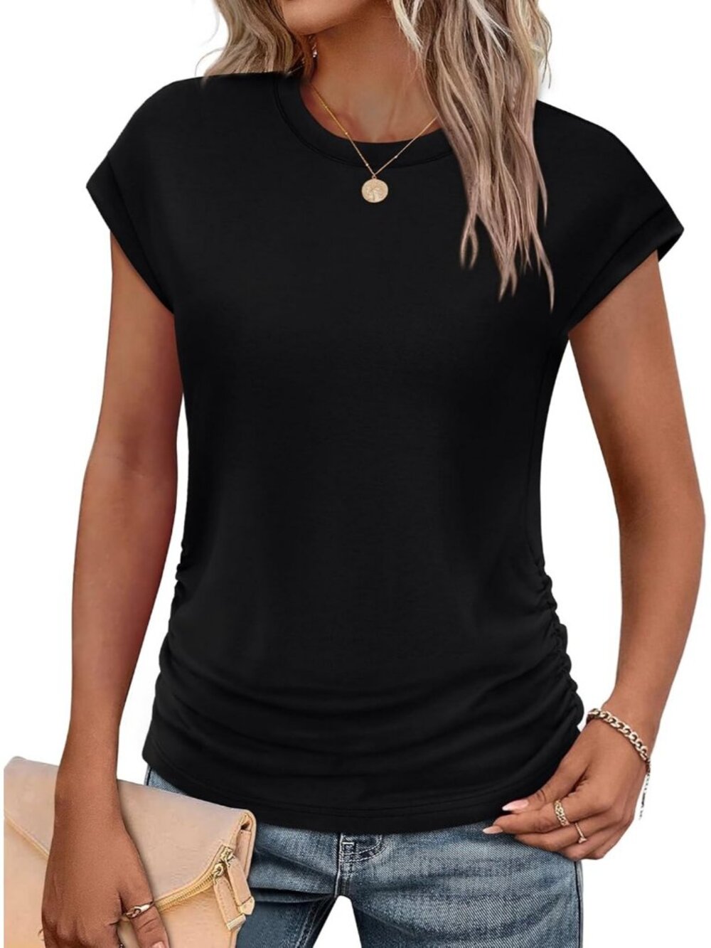 Women's Black Polyester Blend Short Sleeve Crew Neck Pull On Henley Shirts